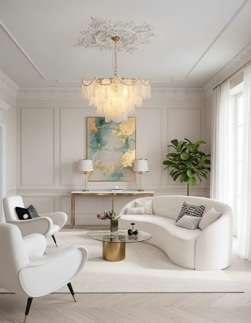 Modern Brass Pearl Beaded Feather Chandelier in Elegant Living Space