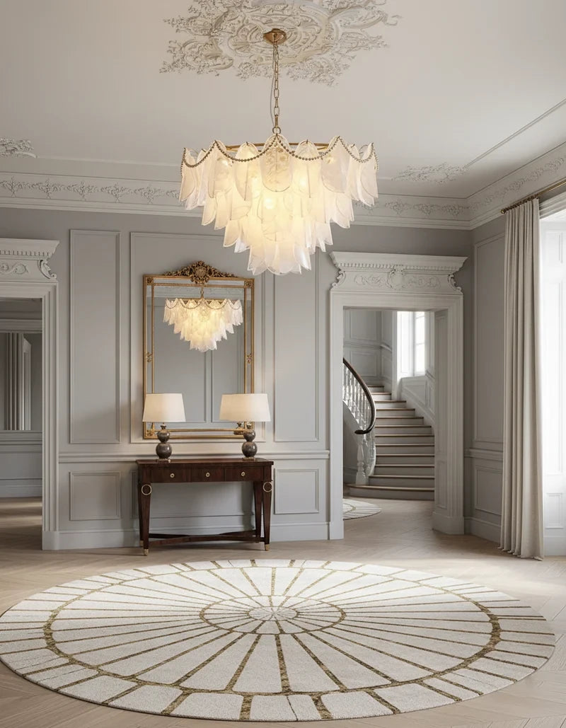 Modern Pearl Beaded Wave Feather Chandelier in Grand Hallway Foyer