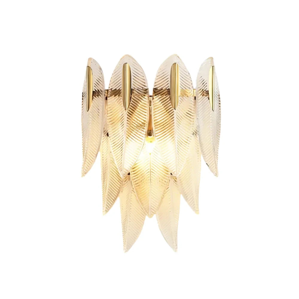 Modern Brass and Feather Art Glass Wall Sconce with Gold Backplate on Pure White Background