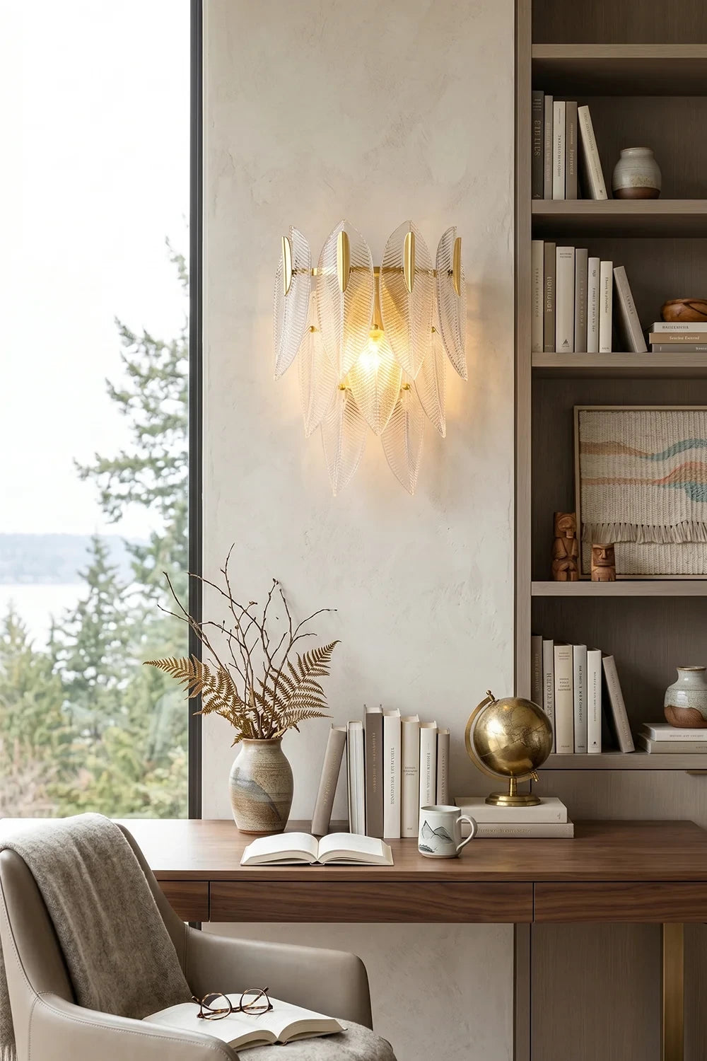 Modern Feather Art Glass Wall Sconce in Cozy Reading Nook