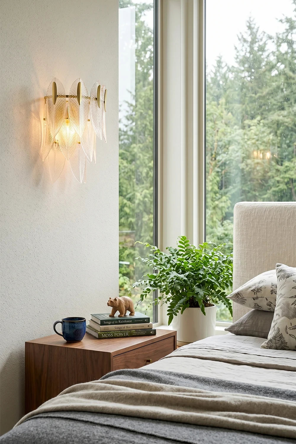 Modern Feather Art Glass Wall Sconce in Master Bedroom Interior