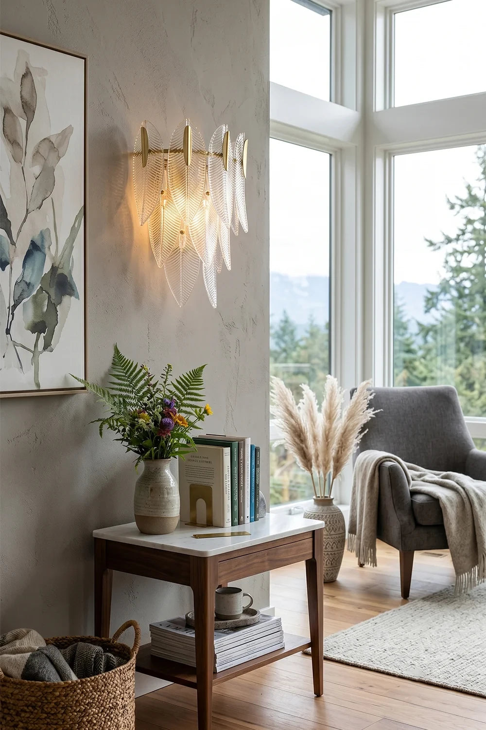 Modern Feather Art Glass Wall Sconce in Bright Bedroom Setting