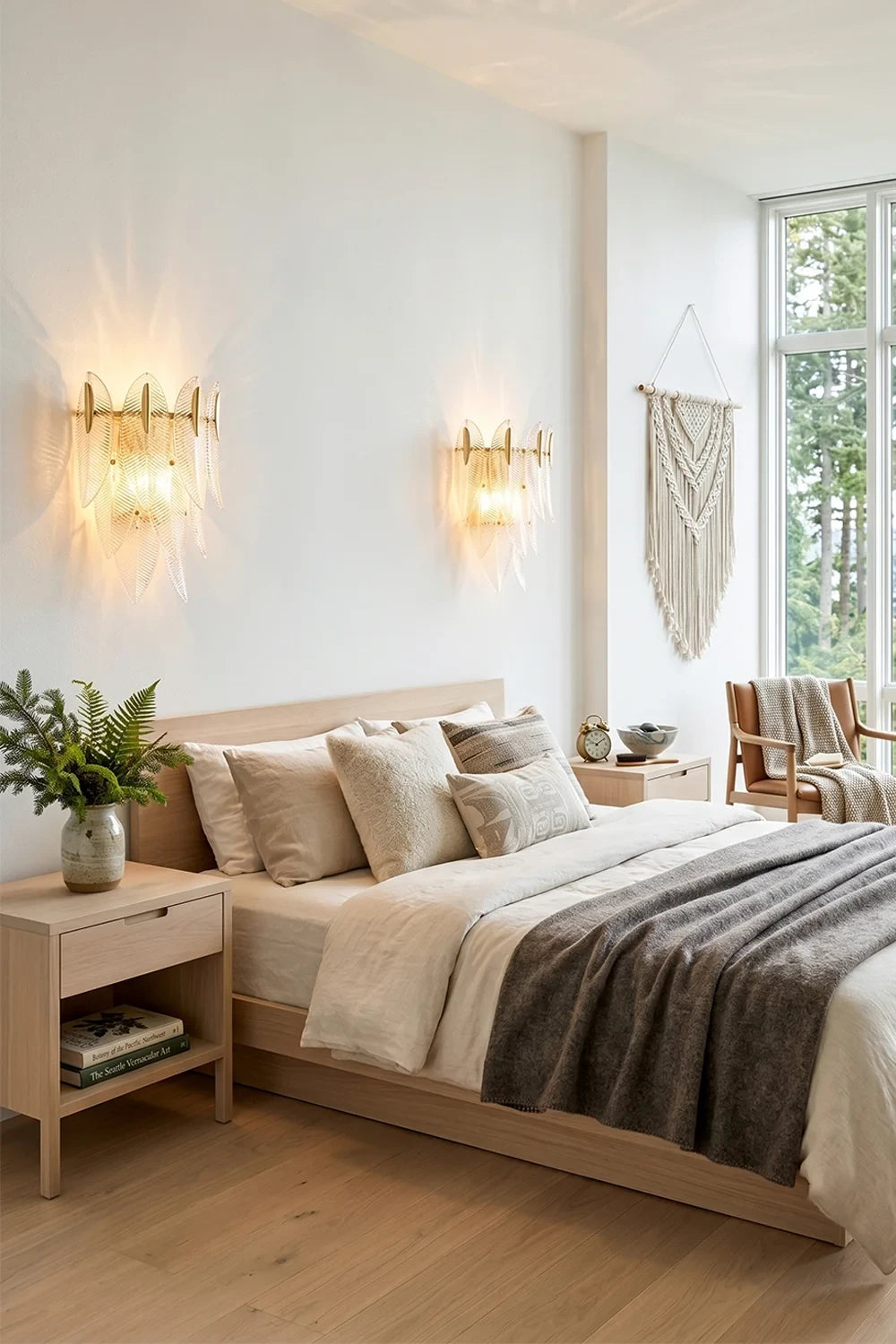 Modern Feather Art Glass Wall Sconces Flanking Master Bed