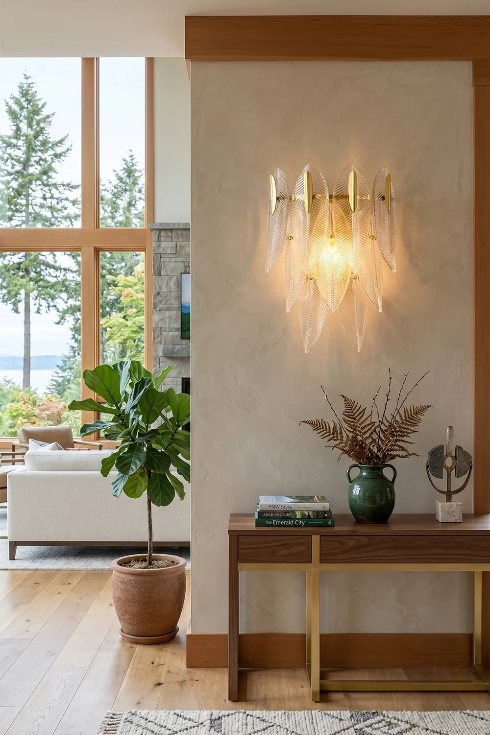 Modern Brass Feather Wall Sconce Along Hallway Corridor