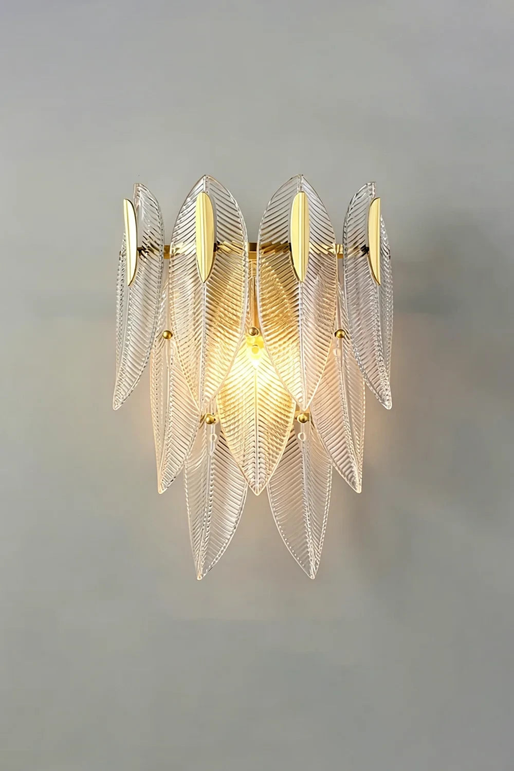Illuminated Modern Multi-Tier Feather Art Glass Wall Sconce Studio Display