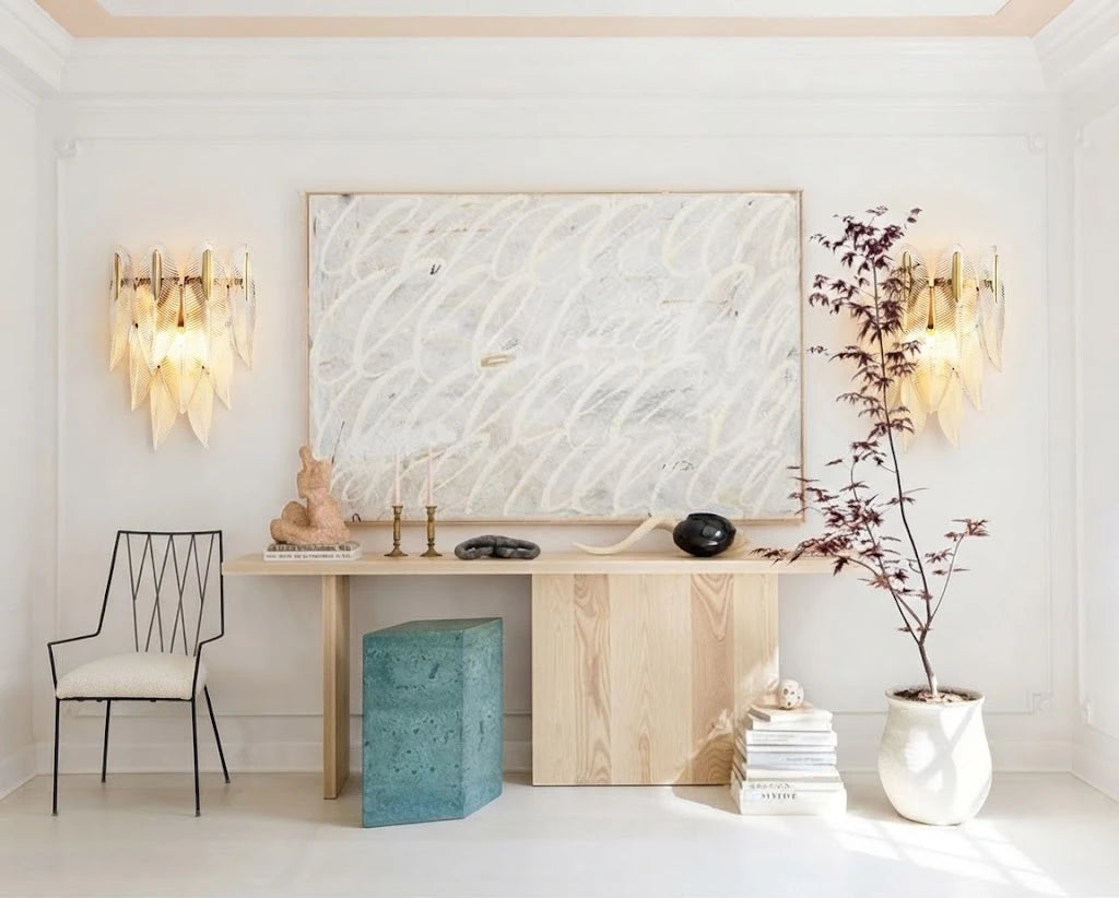 Modern Brass Feather Wall Sconce in Contemporary Home Office
