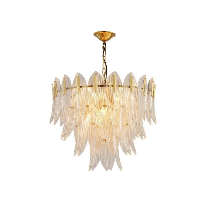 Modern Brass and Feather Art Glass Chandelier with Gold Canopy on Pure White Background