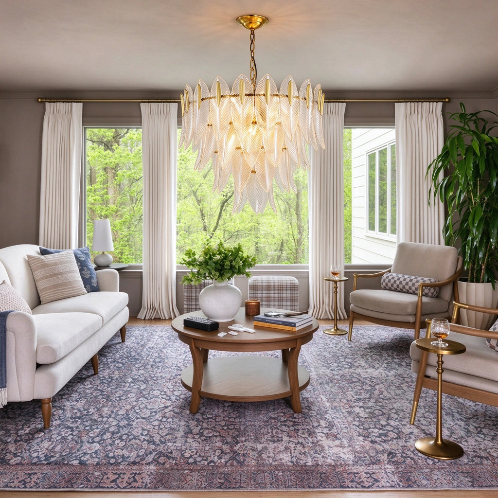 Modern Brass Feather Chandelier in Contemporary Living Space