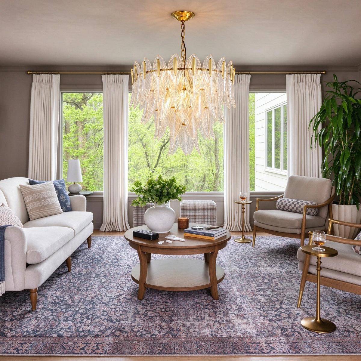 Modern Brass Feather Chandelier in Contemporary Living Space