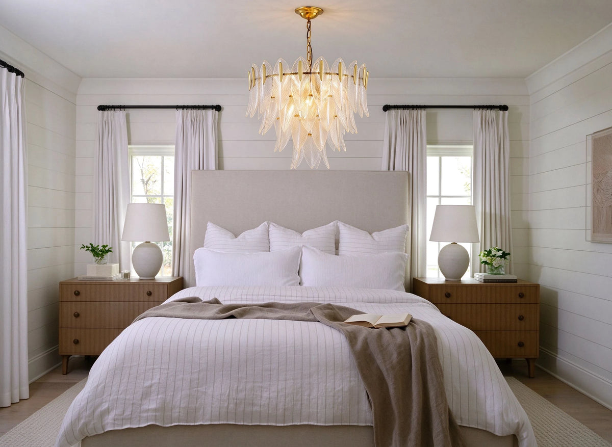 Modern Brass Feather Chandelier in Cozy Master Bedroom