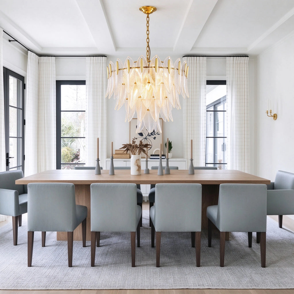 Modern Brass Feather Chandelier in Open Plan Dining Room