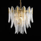 Illuminated Modern Brass and Feather Art Glass Chandelier Studio Shot