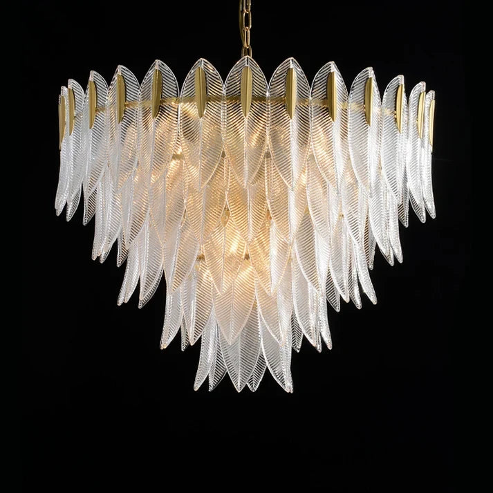 Illuminated Modern Large Brass Feather Chandelier on Black Background