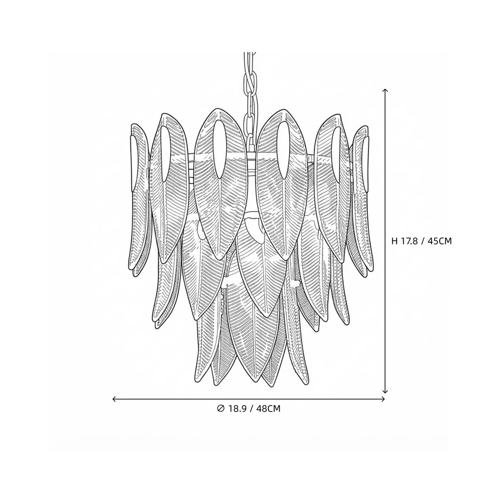 Modern Small Feather Art Glass Chandelier Line Art Dimension Diagram