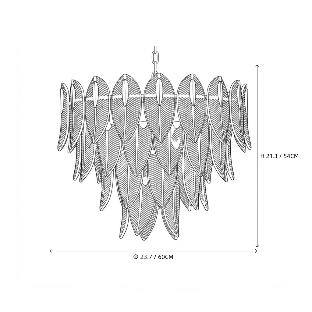 Modern Medium Feather Art Glass Chandelier Line Art Dimension Diagram