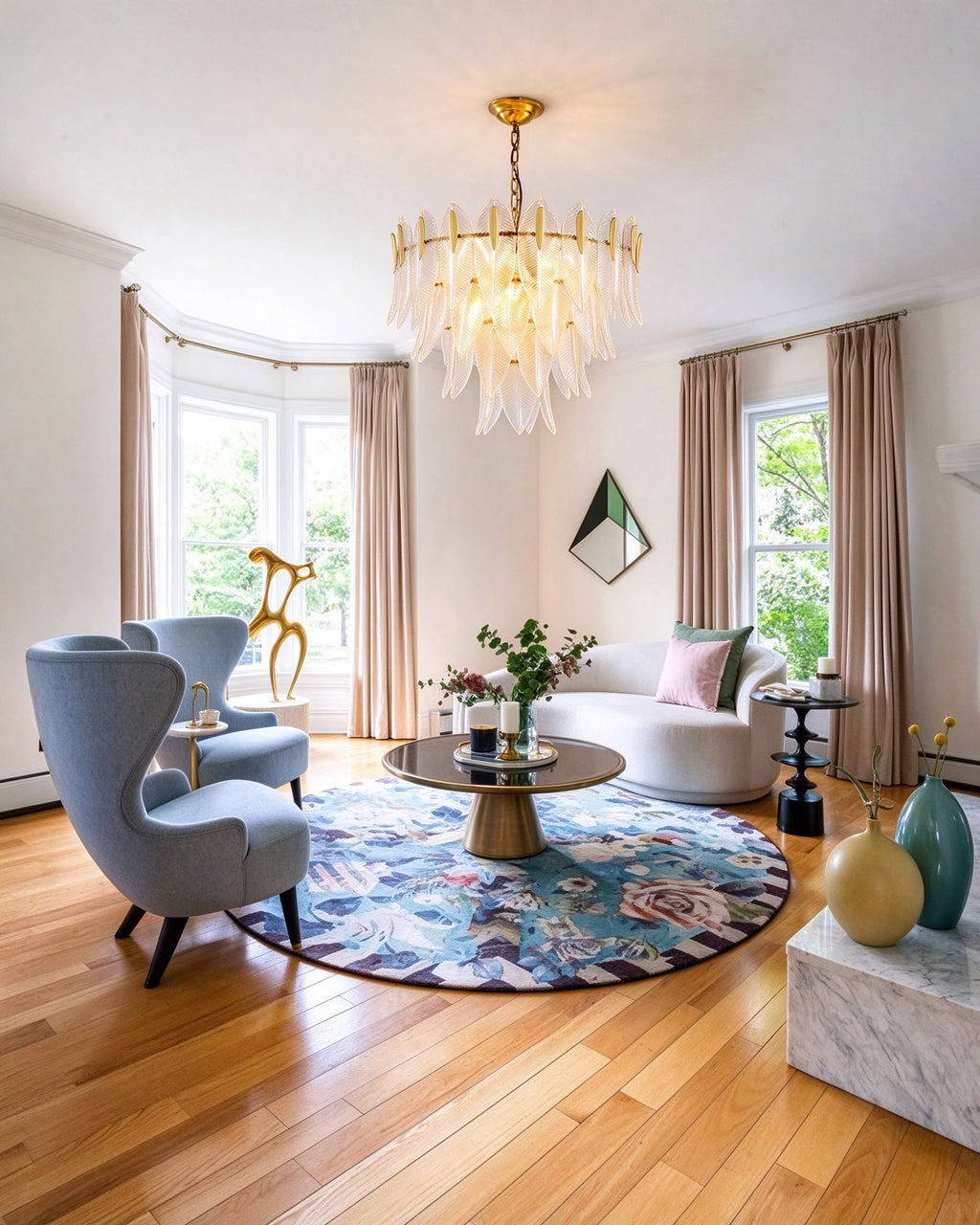 Modern Feather Art Glass Chandelier in Bright Living Room Setting