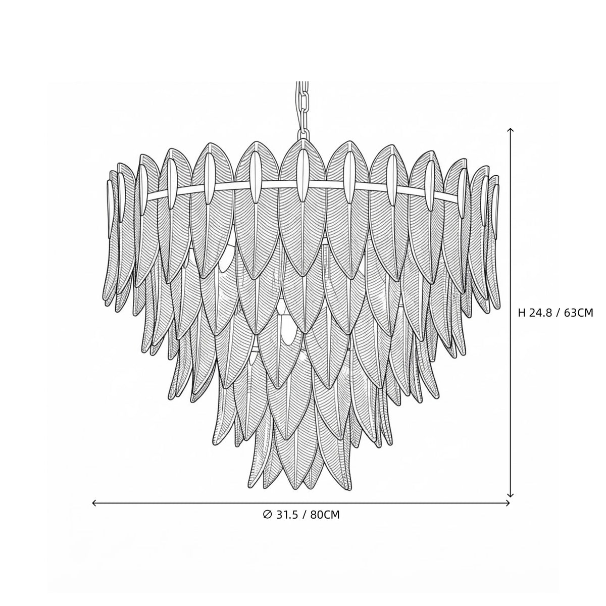 Modern Large Feather Art Glass Chandelier Line Art Dimension Diagram