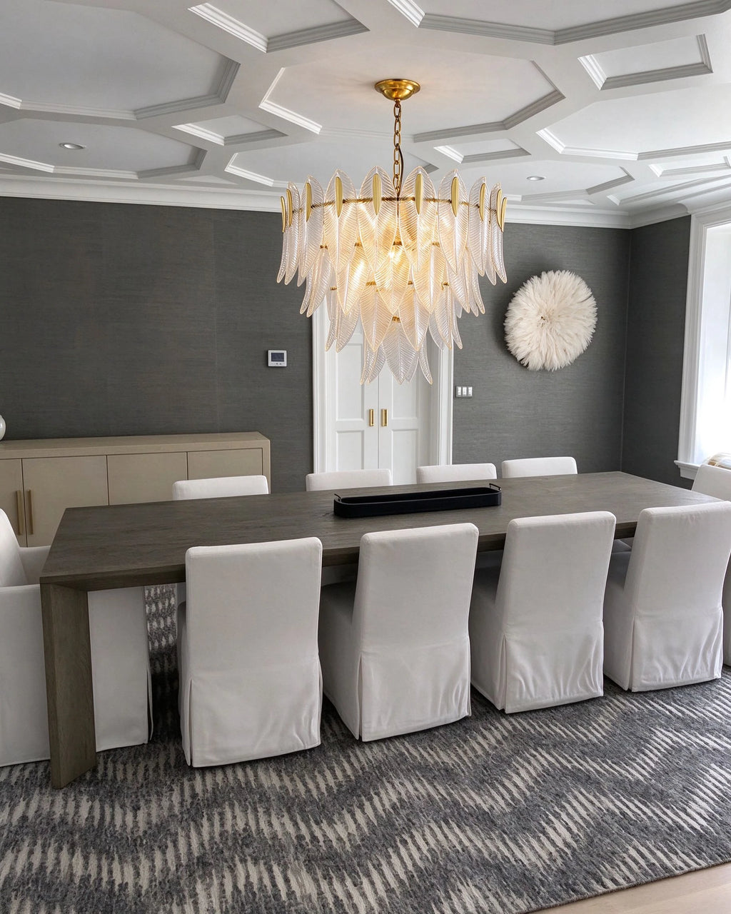 Modern Brass Feather Chandelier in Formal Dining Room
