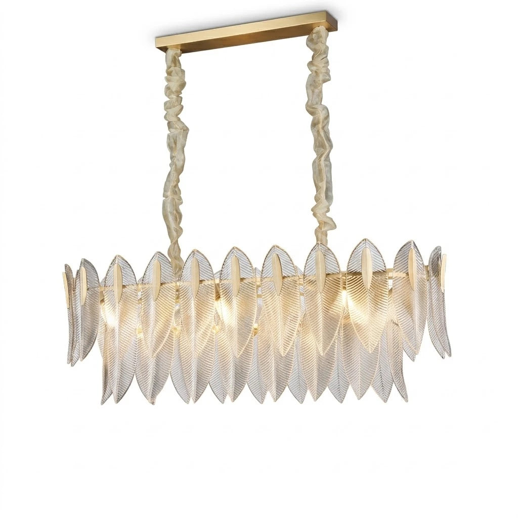 Modern Brass and Linear Feather Art Glass Chandelier with Gold Canopy on Pure White Background