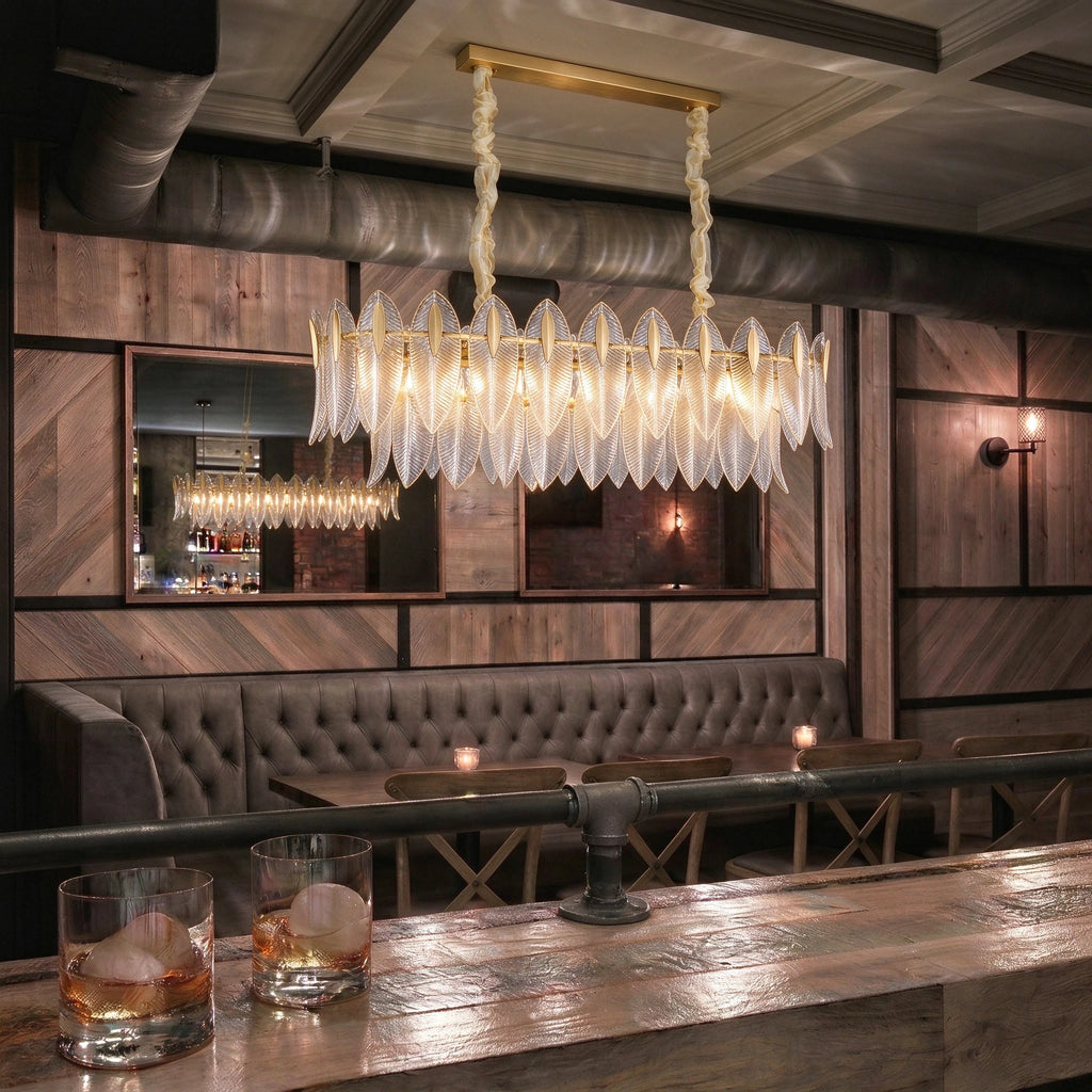 Illuminated Modern Linear Feather Art Glass Chandelier in Upscale Restaurant Setting