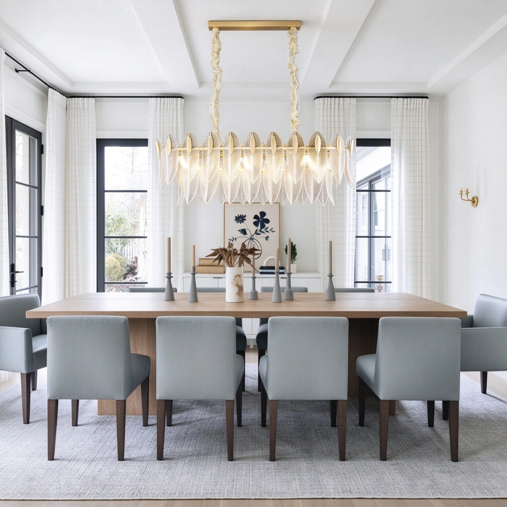 Modern Linear Feather Art Glass Chandelier in Bright Dining Room