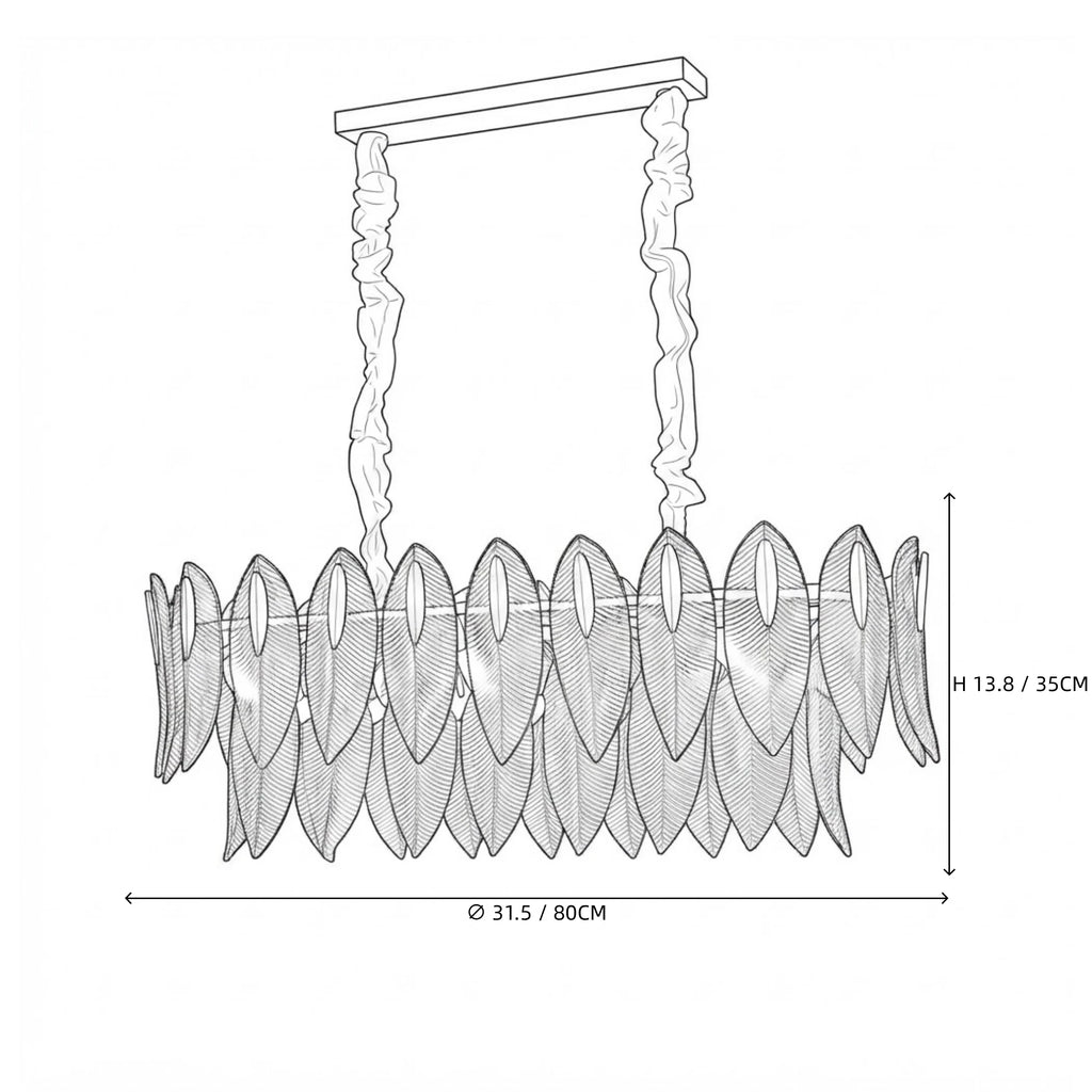 Modern Linear Feather Art Glass Chandelier Line Art Dimension Diagram