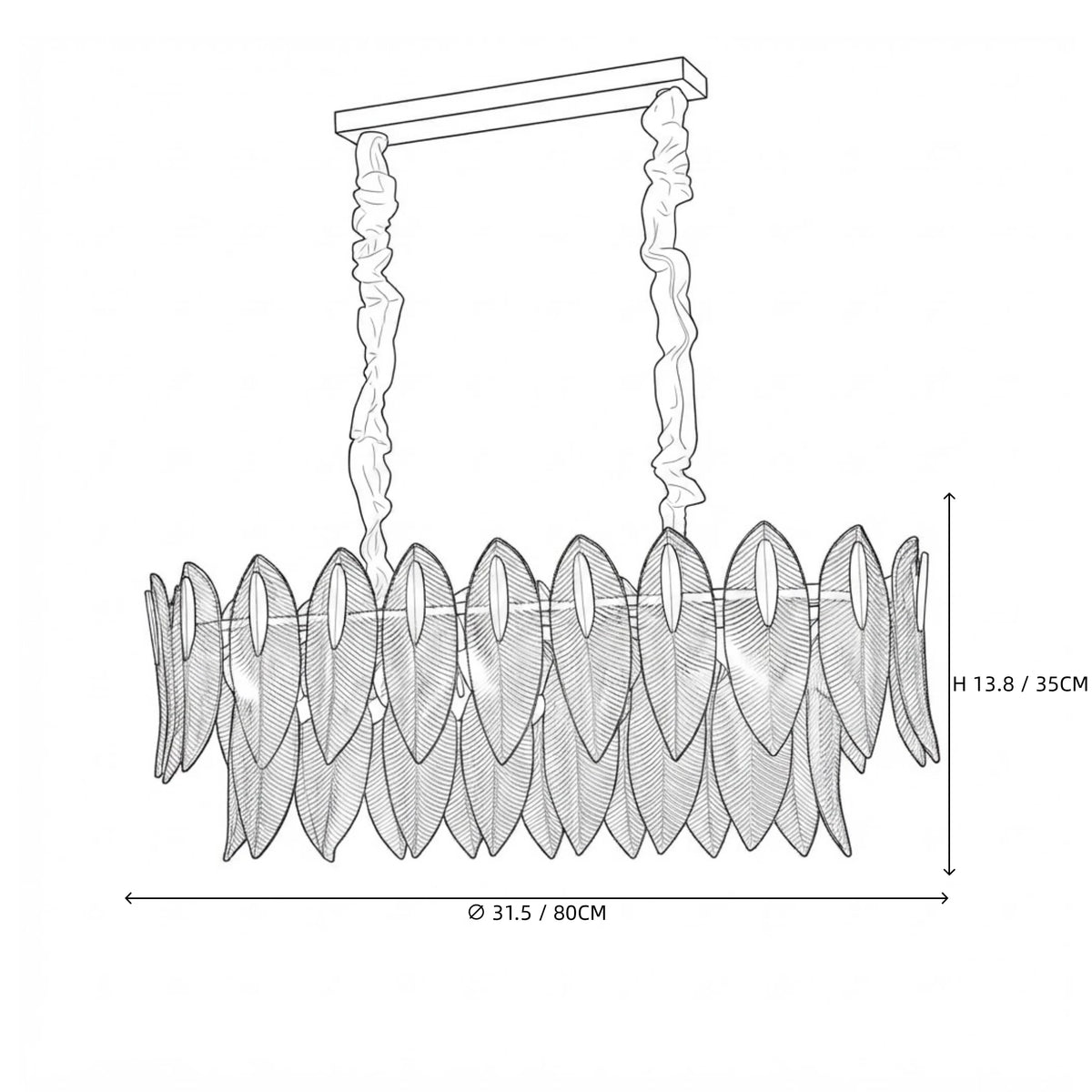 Modern Linear Feather Art Glass Chandelier Line Art Dimension Diagram