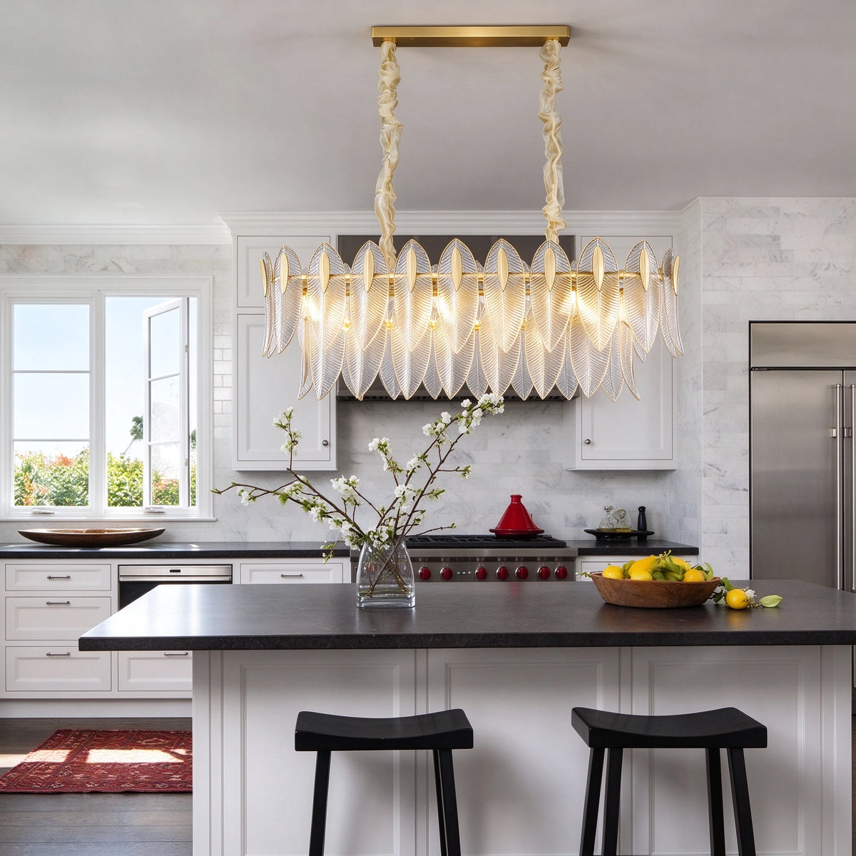 Modern Linear Feather Art Glass Chandelier Over Kitchen Island
