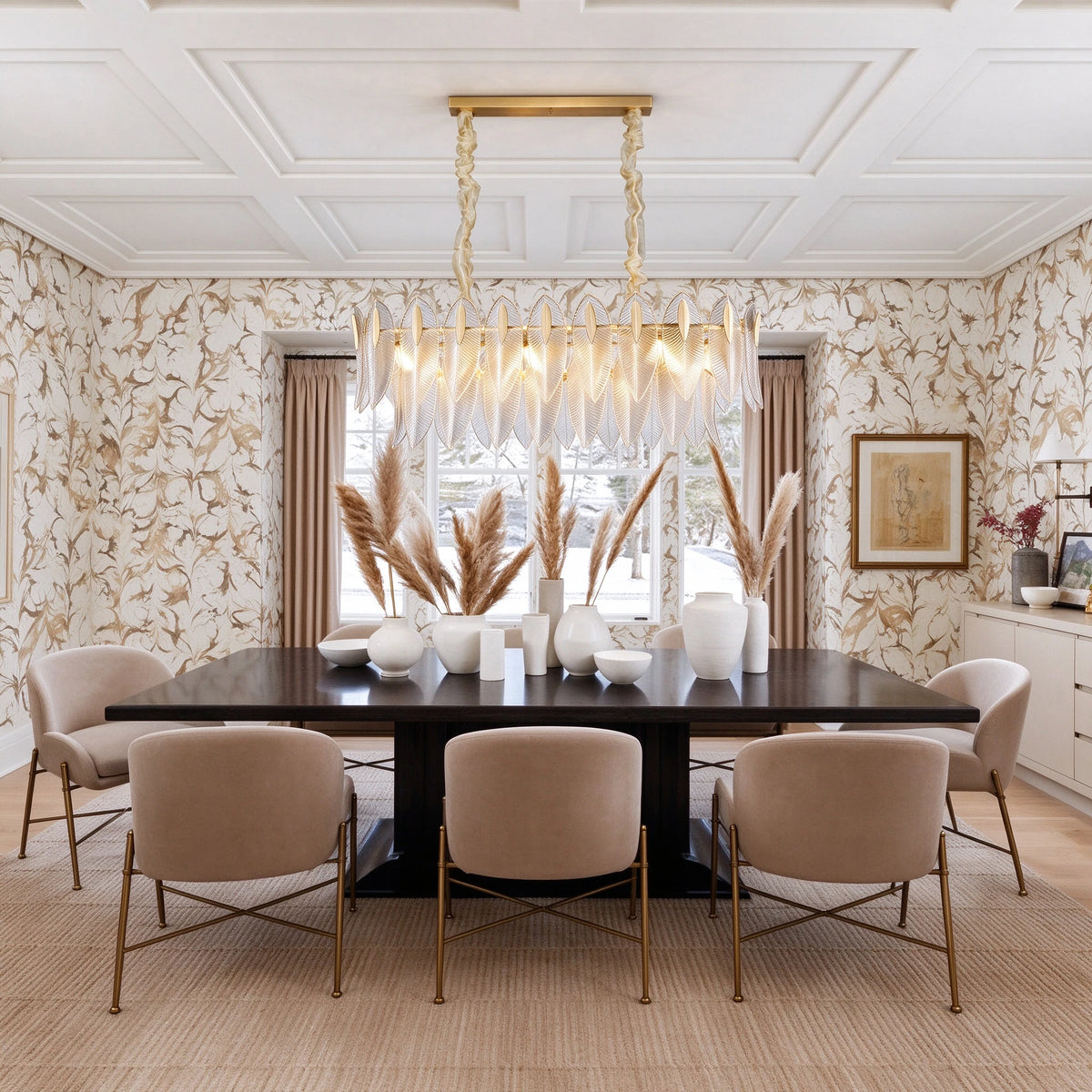 Modern Brass Linear Feather Chandelier in Formal Dining Room