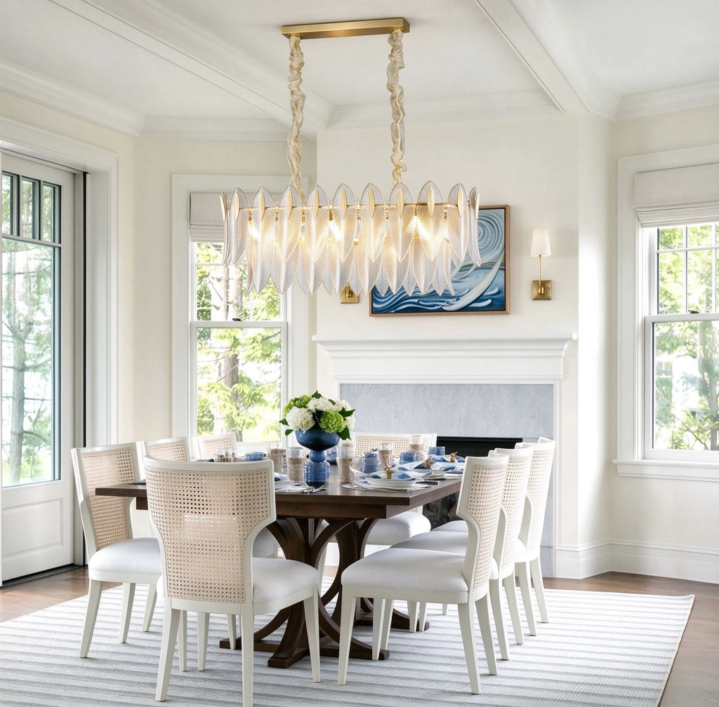 Modern Linear Feather Art Glass Chandelier Over Round Dining Table