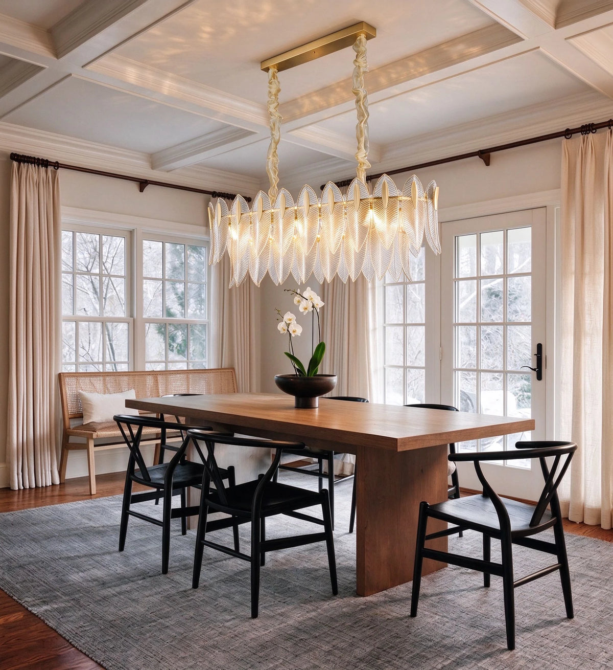 Modern Linear Feather Art Glass Chandelier in Elegant Dining Setting