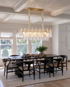 Modern Linear Feather Art Glass Chandelier in Open Plan Dining Room