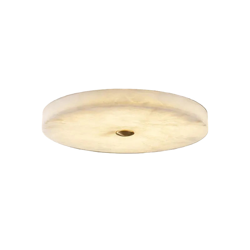 Modern Flat Round Alabaster Art Glass Flush Mount Ceiling Light with Brass Hardware on Pure White Background