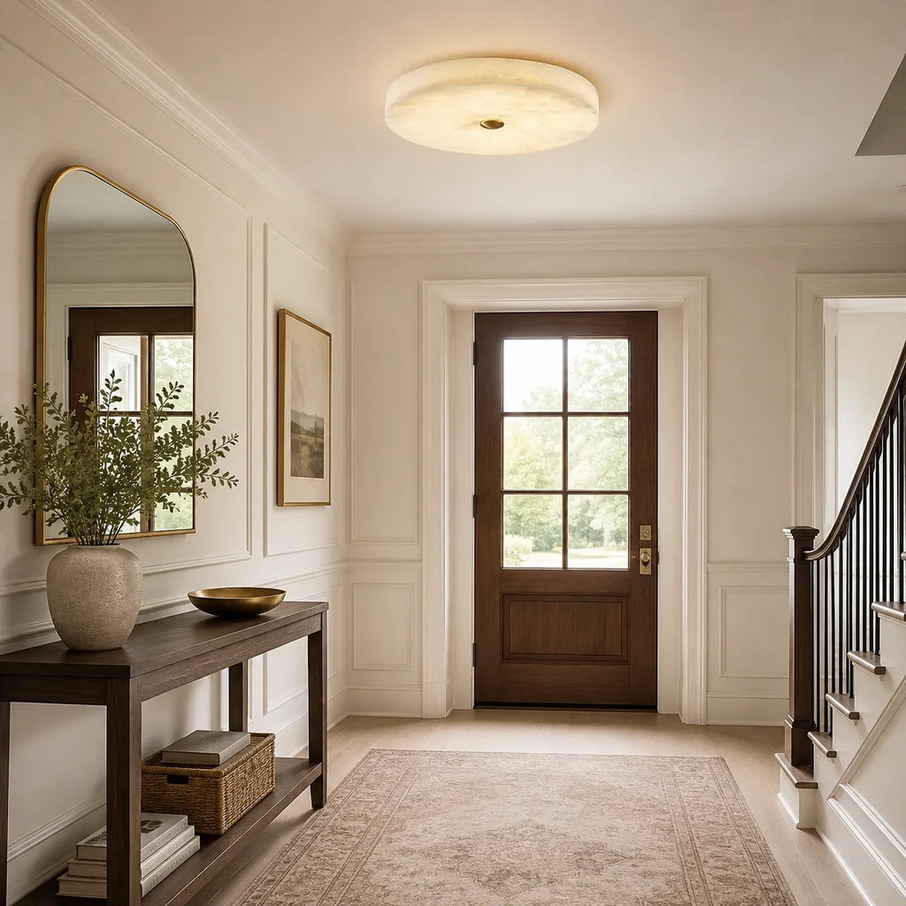 Modern Flat Round Alabaster Ceiling Light Along Hallway Corridor