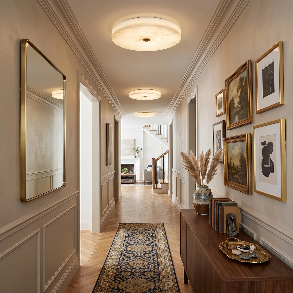 Modern Alabaster Art Glass Flush Mount Ceiling Lights Along Hallway Corridor