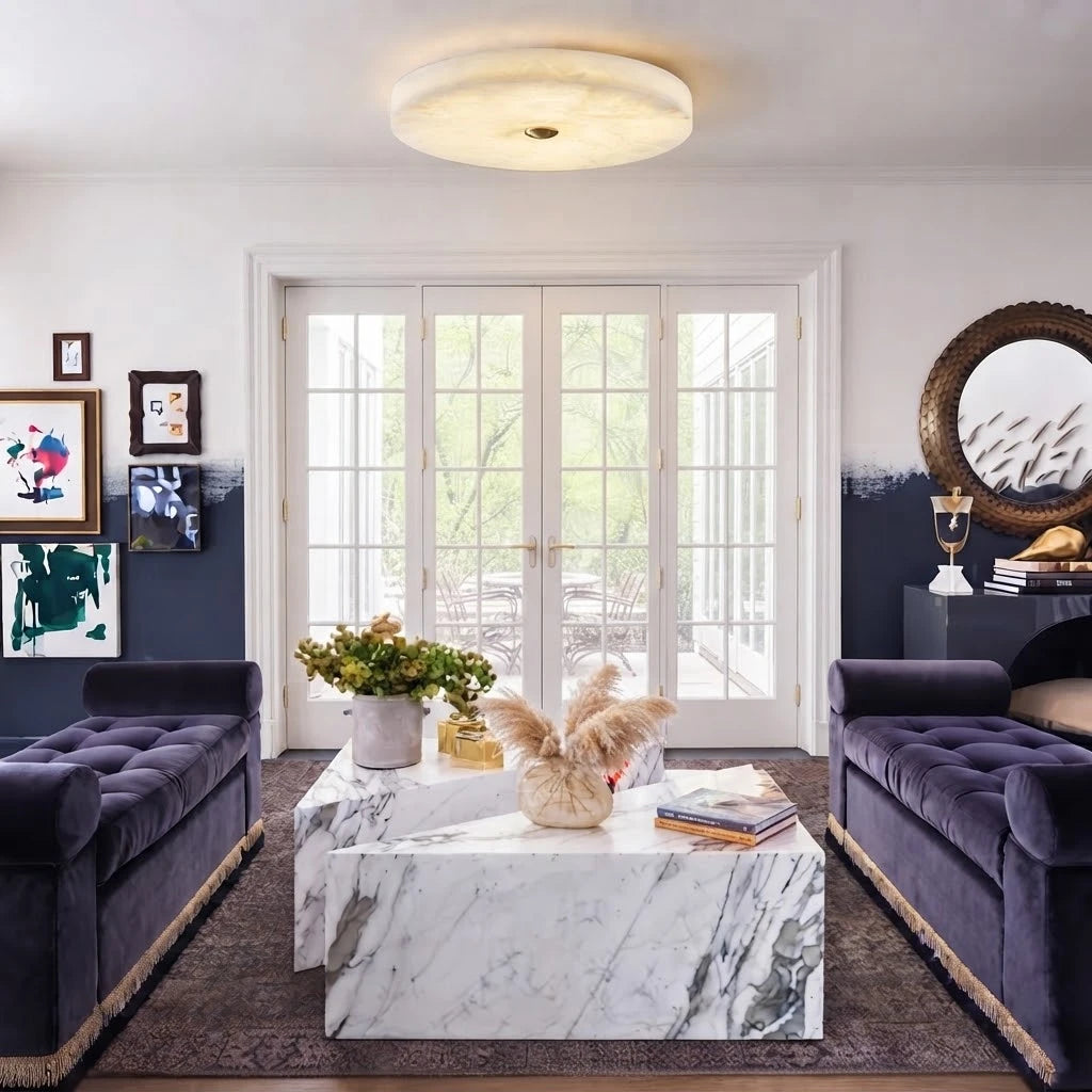 Modern Flat Round Alabaster Ceiling Light in Contemporary Living Space
