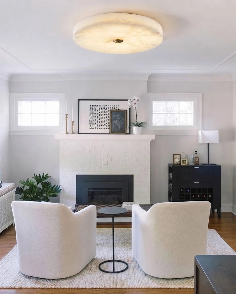 Modern Alabaster Art Glass Flush Mount Ceiling Light Over Fireplace Setting