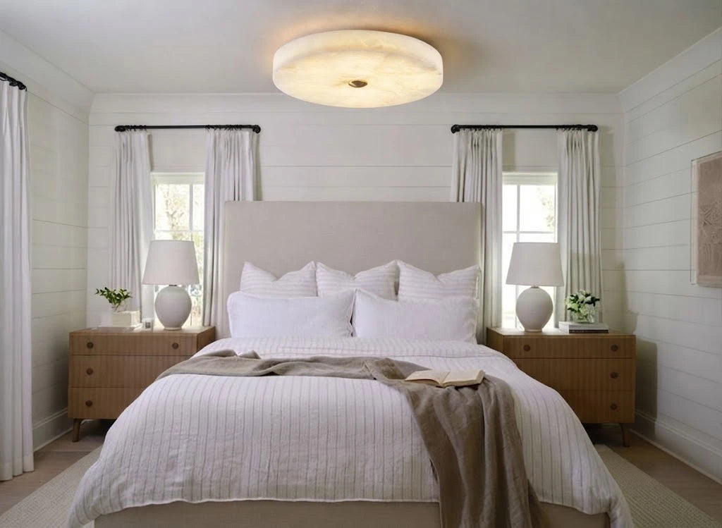 Modern Flat Round Alabaster Ceiling Light in Master Bedroom Setting