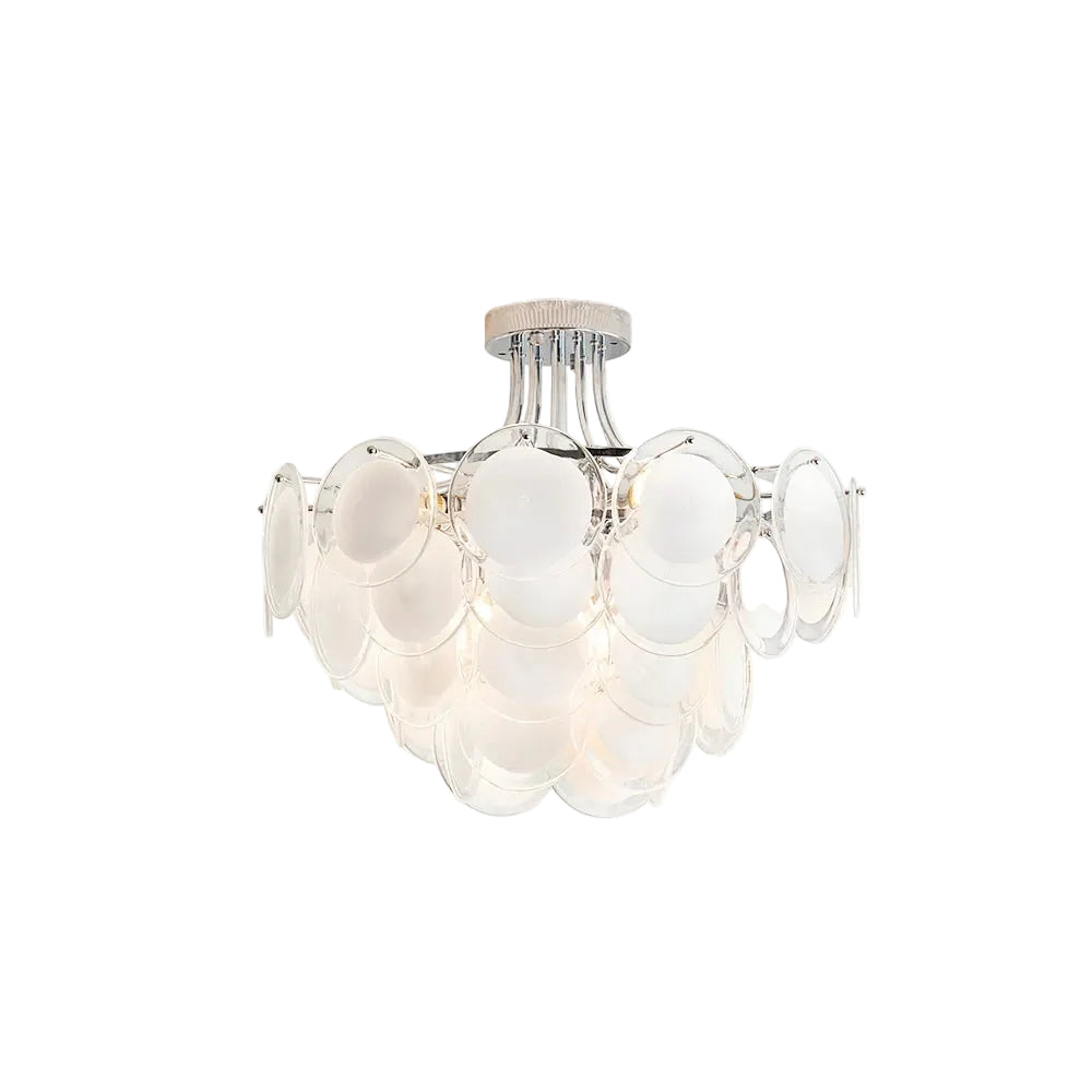 Modern White Disc Art Glass Semi-Flush Mount Ceiling Light with Silver Canopy on Pure White Background