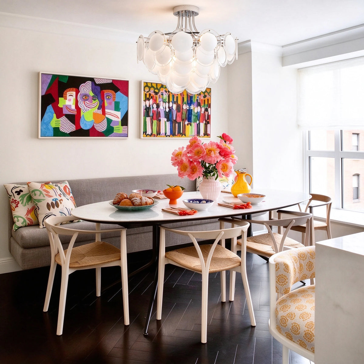 Modern White Disc Art Glass Ceiling Light Over Dining Nook