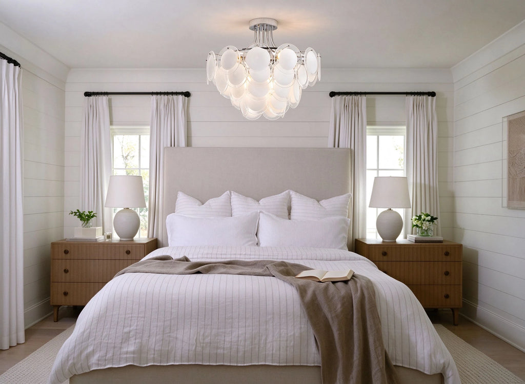 Modern White Disc Art Glass Semi-Flush Mount Ceiling Light in Bedroom Setting