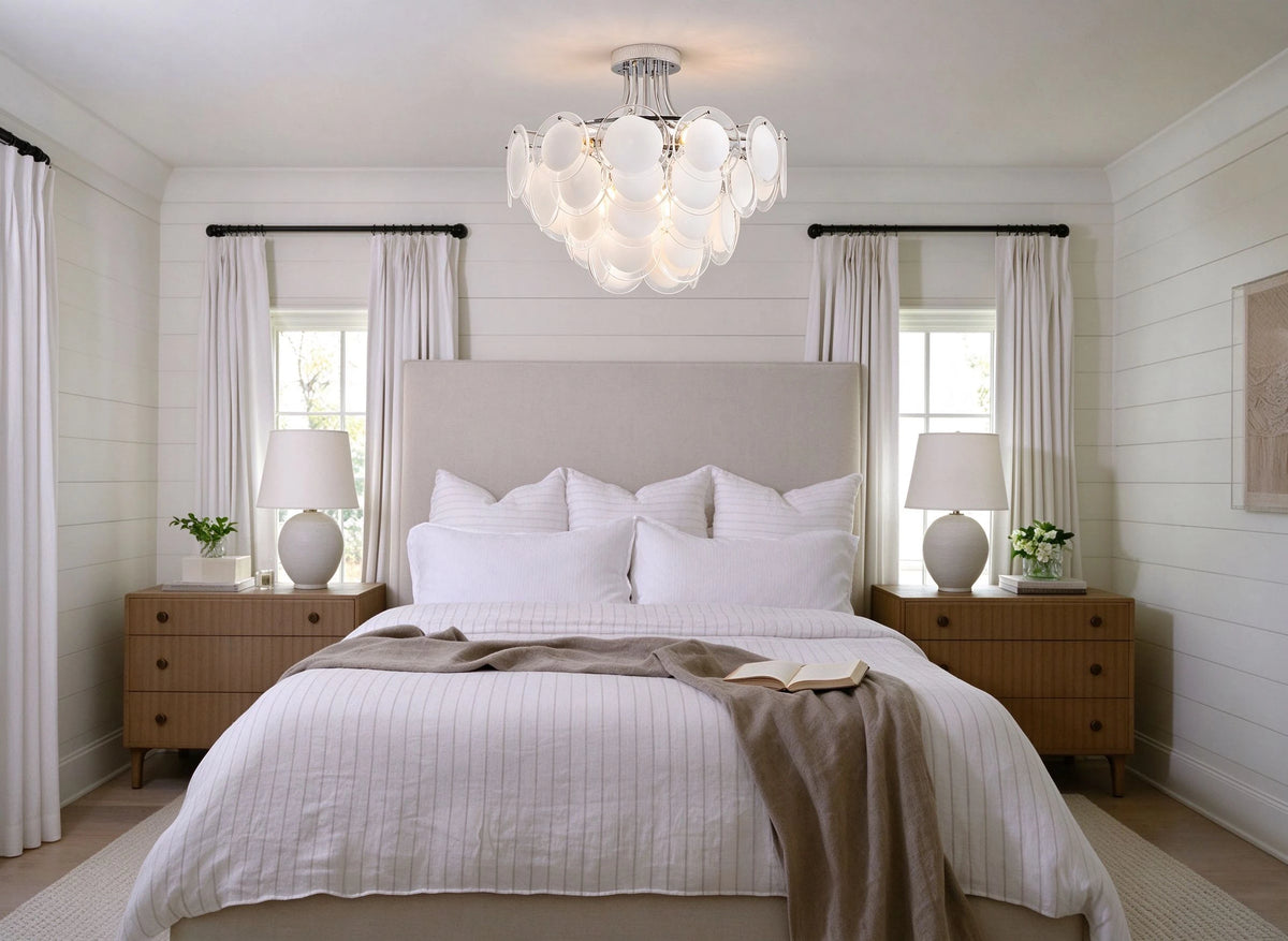 Modern White Disc Art Glass Semi-Flush Mount Ceiling Light in Bedroom Setting