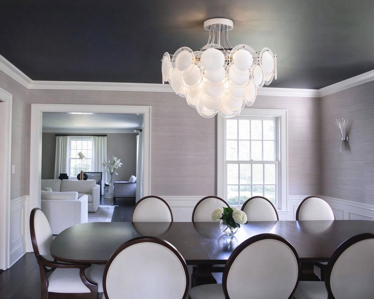 Modern White Disc Art Glass Semi-Flush Mount Ceiling Light in Formal Dining Room