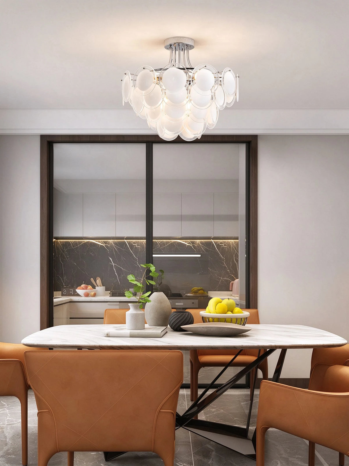 Modern White Disc Ceiling Light in Elegant Dining Setting