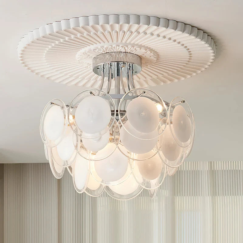 Illuminated Modern White Disc Art Glass Ceiling Light with Ornate Plaster Medallion Studio Shot