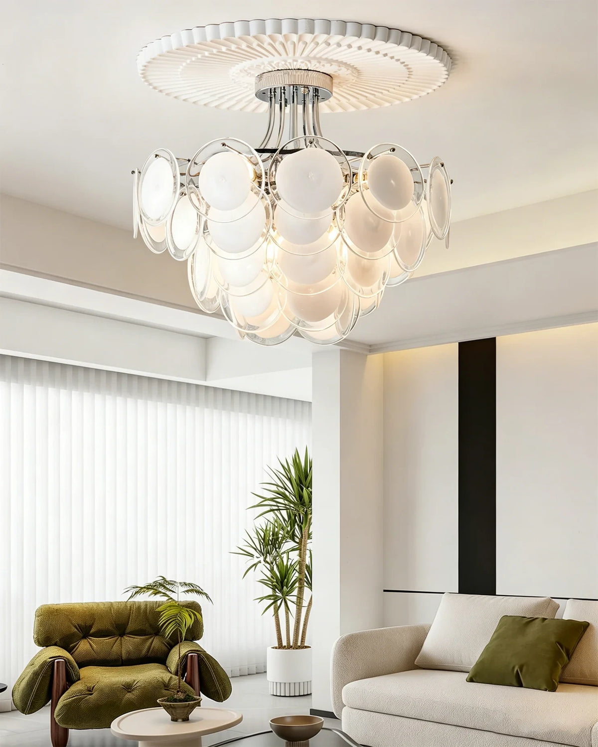 Modern White Disc Art Glass Ceiling Light in Contemporary Living Space