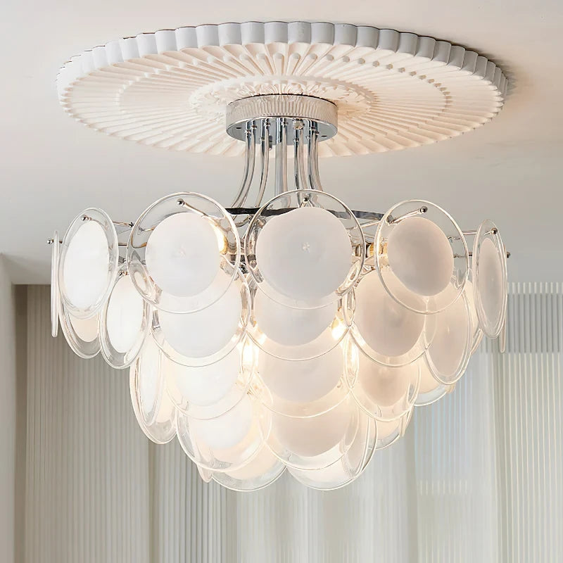 Illuminated Modern Large White Disc Art Glass Ceiling Light Studio Shot