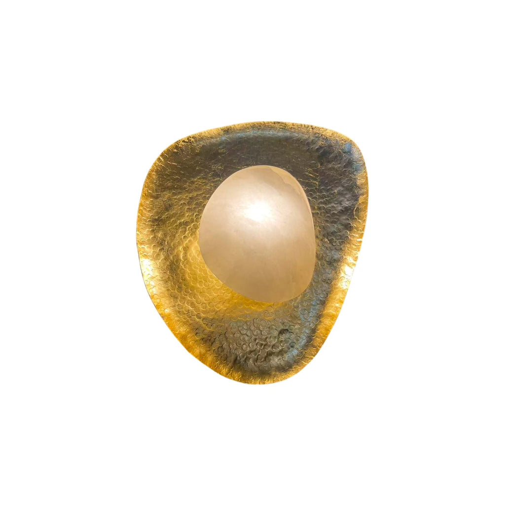 Modern Organic Pebble Alabaster Sconce with Gold Foil Rim on White Background