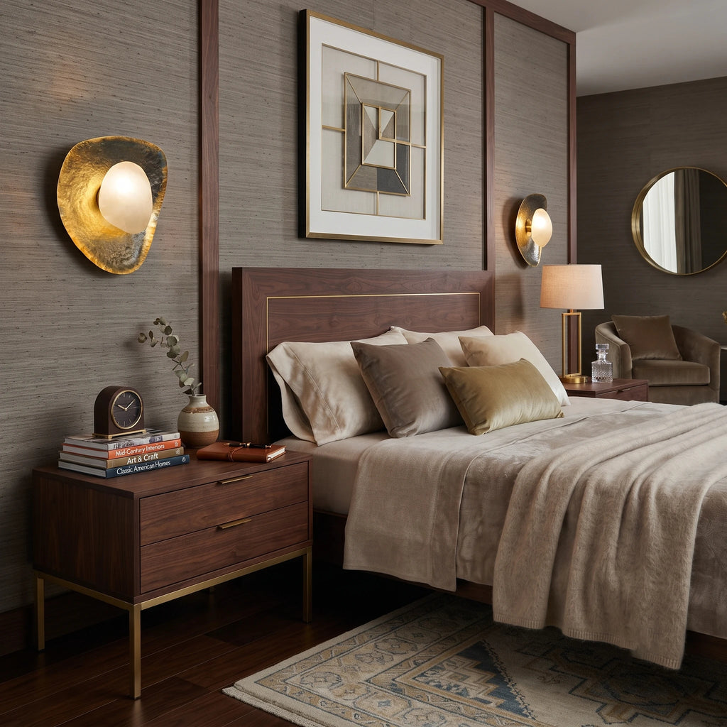 Pair of Organic Pebble Alabaster Sconces Flanking Bedroom Bed