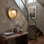 Gold Foil Alabaster Wall Light Mounted Near Stairway Console